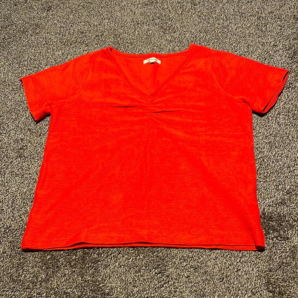 Madewell Short Sleeve V-Neck Ribbed Shirt, Blood-Orange, Size Small